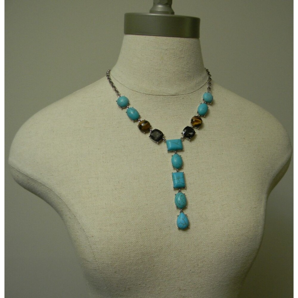 Cato Semi Precious Y Necklace with Turquoise Brown Beaded Silver Necklace NWT